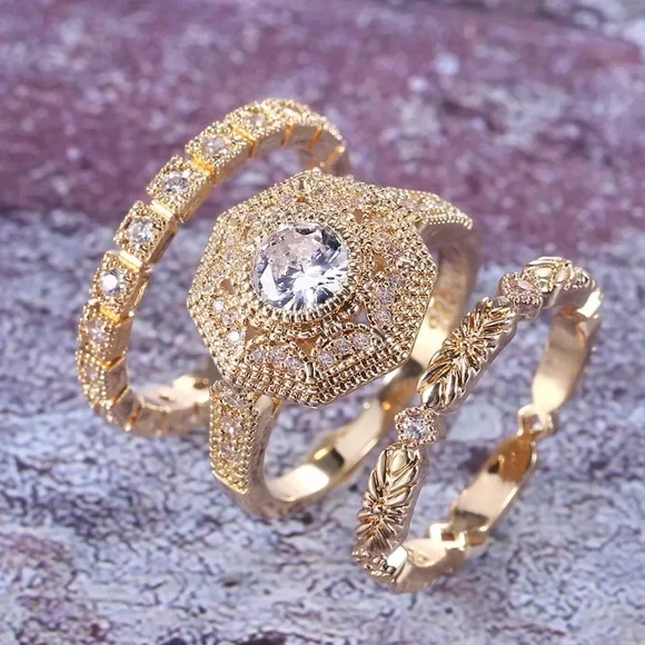 New Women’s 3pc/Set Yellow Gold Plated Diamond Ring - Picture 5 of 6